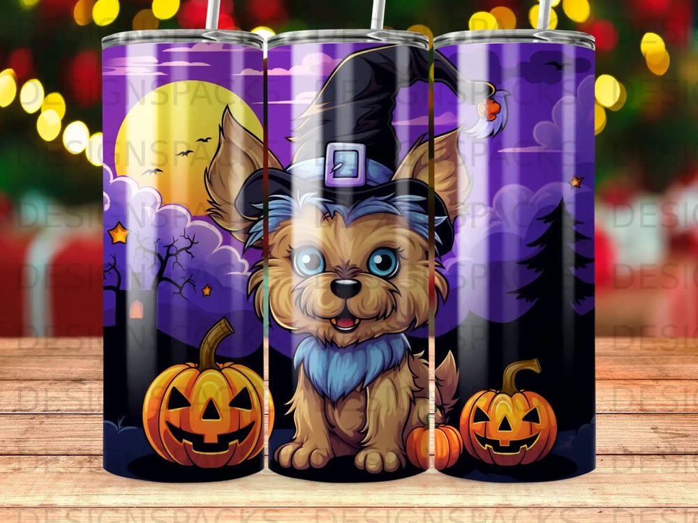 Yorkshire terrier in witch hat with pumpkins, Halloween themed tumbler.