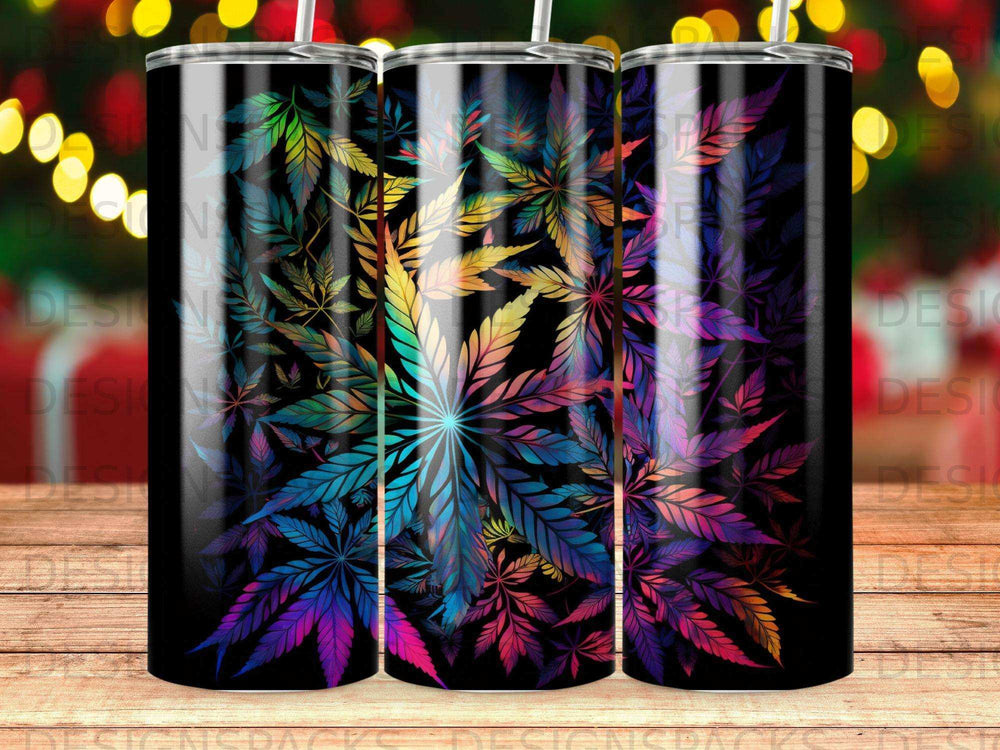 Black tumbler with colorful cannabis leaf pattern.