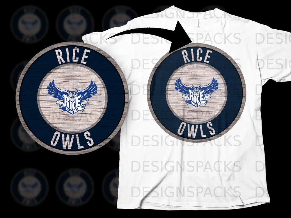 Rice Owls Circular Emblem Design on White Shirt