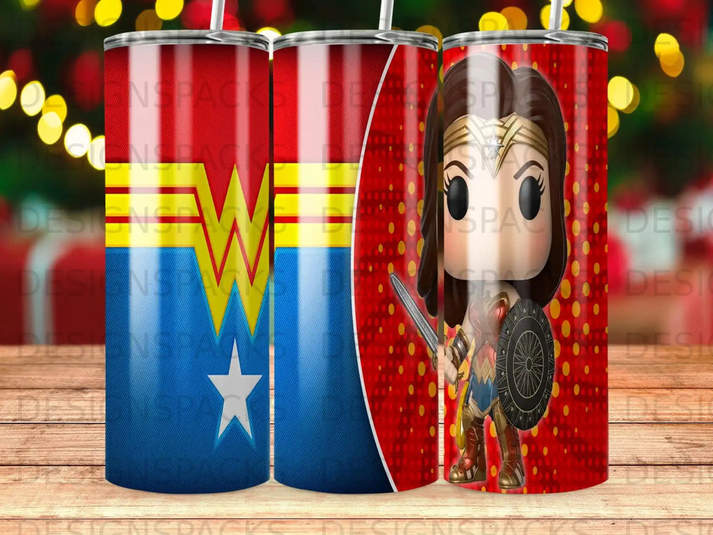 Wonder Woman Funko Pop character on a red background with sunburst pattern.