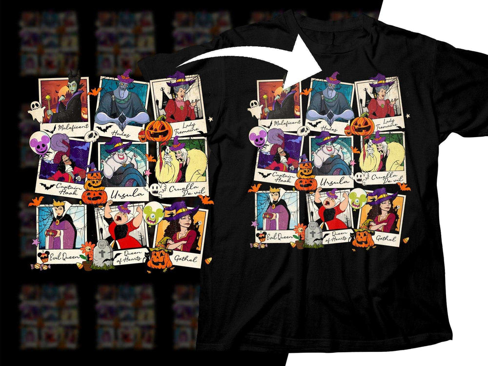 Halloween-themed black t-shirt featuring Disney villains like Maleficent, Ursula, and Cruella in Polaroid-style frames.
