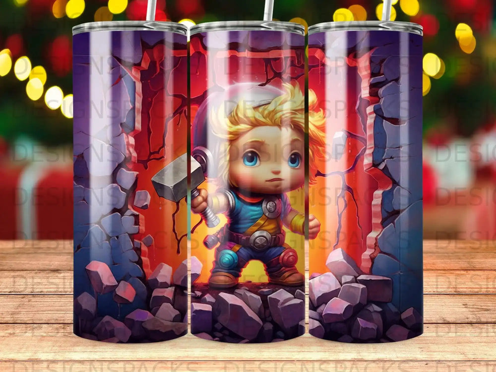 Chibi Thor holding Mjolnir in a rocky, red-lit environment.