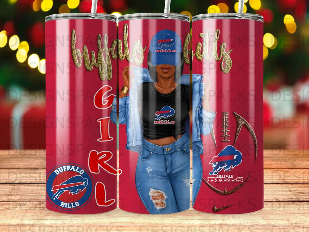 Buffalo Bills girl in denim and varsity jacket with team logo.