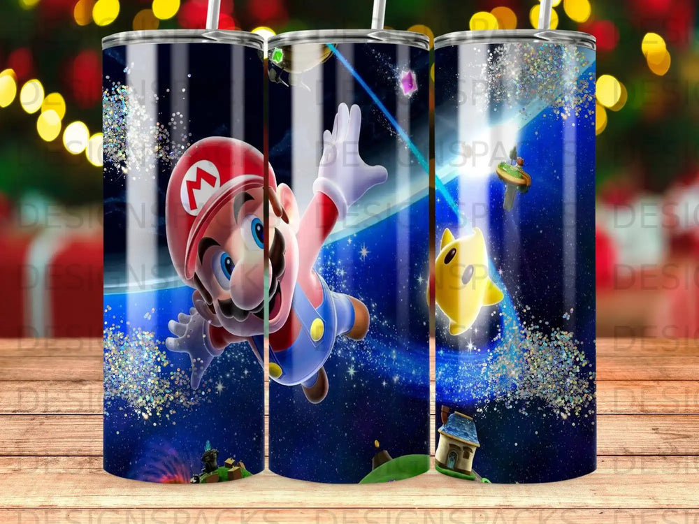 Mario flying through a galaxy with stars and planets.