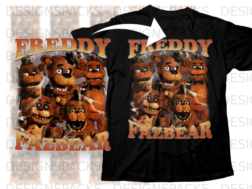 Freddy Fazbear and friends graphic on black t-shirt.