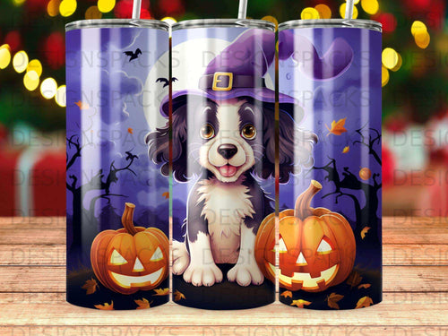 Cartoon dog in witch hat with pumpkins and Halloween scene.