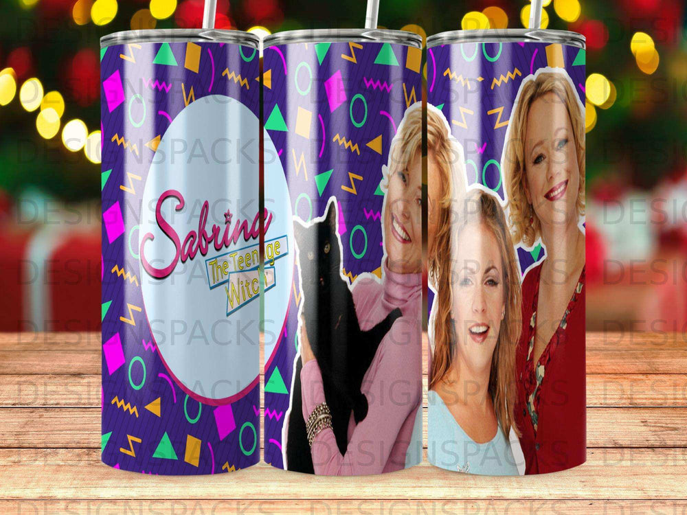 Sabrina The Teenage Witch characters on tumbler with colorful geometric pattern.