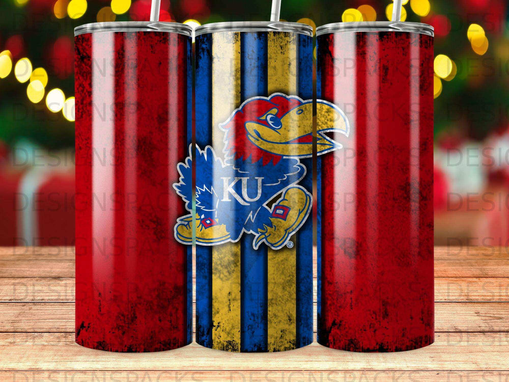Kansas Jayhawks KU logo on a blue and gold striped tumbler.