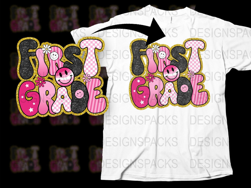 First Grade T-Shirt, Cute Kids School Shirt, Pink Black Polka Dot, Fun Cartoon Design for Children