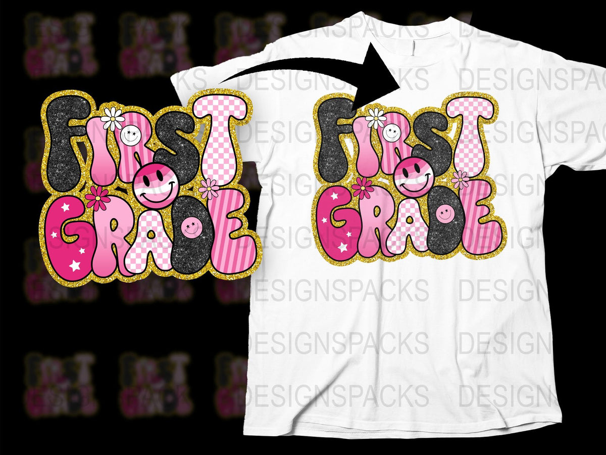 First Grade T-Shirt, Cute Kids School Shirt, Pink Black Polka Dot, Fun Cartoon Design for Children