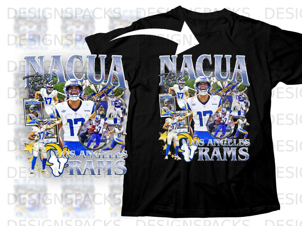Los Angeles Rams player Puka Nacua #17 on a black t-shirt design.