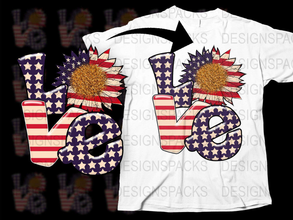 Patriotic Love T-Shirt, American Flag Sunflower Print, 4th of July Independence Day Apparel