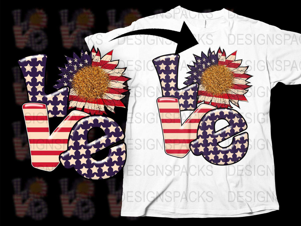 Patriotic Love T-Shirt, American Flag Sunflower Print, 4th of July Independence Day Apparel
