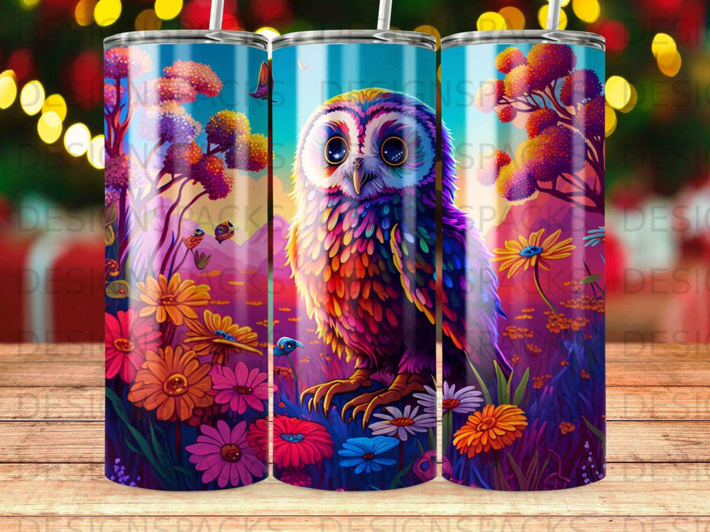 Colorful owl with bright flowers and whimsical trees against a twilight sky.