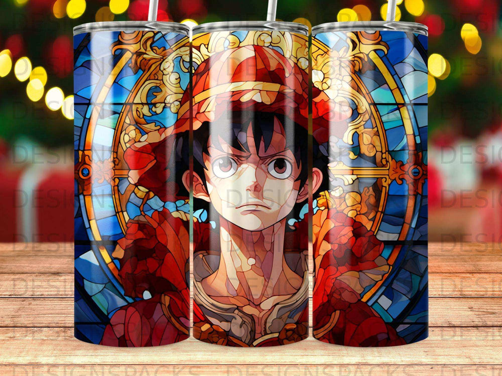 Anime character in stained glass art on a tumbler.