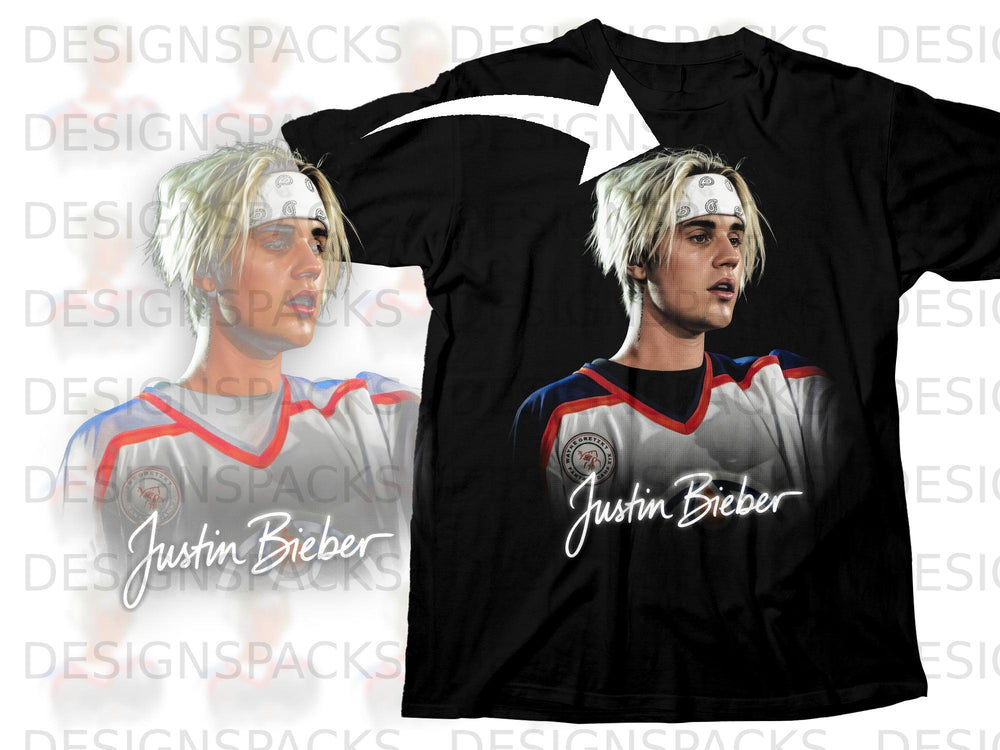 Black t-shirt with Justin Bieber graphic and name printed on the front.