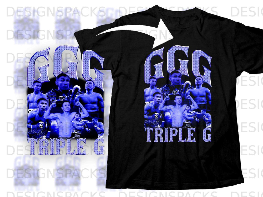 Black t-shirt with "TRIPLE G" and boxers over "GGG" logo.