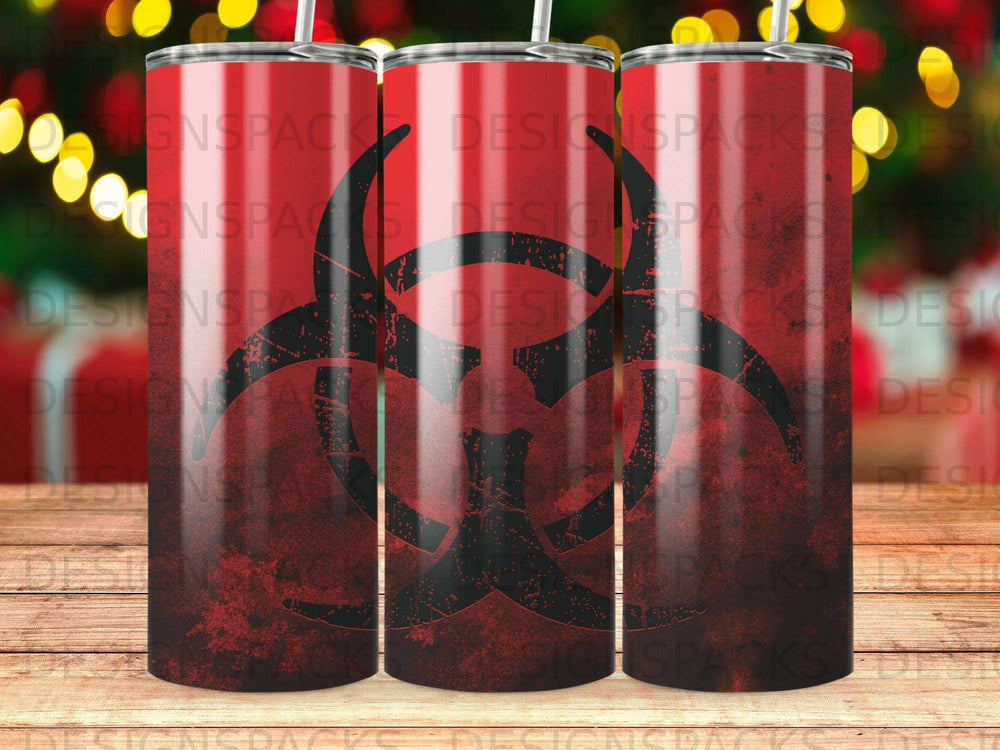 Tumbler with biohazard symbol and distressed red and black background.