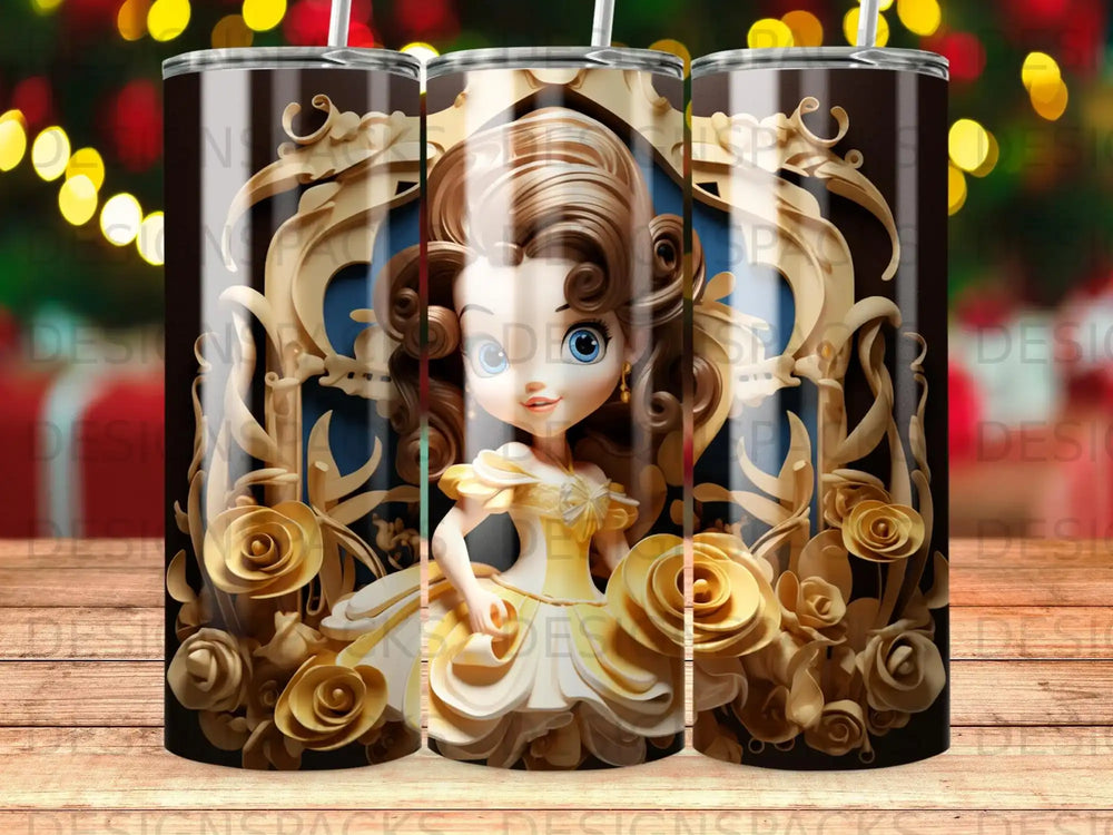 Belle from Beauty and the Beast surrounded by golden roses and ornate scrollwork.