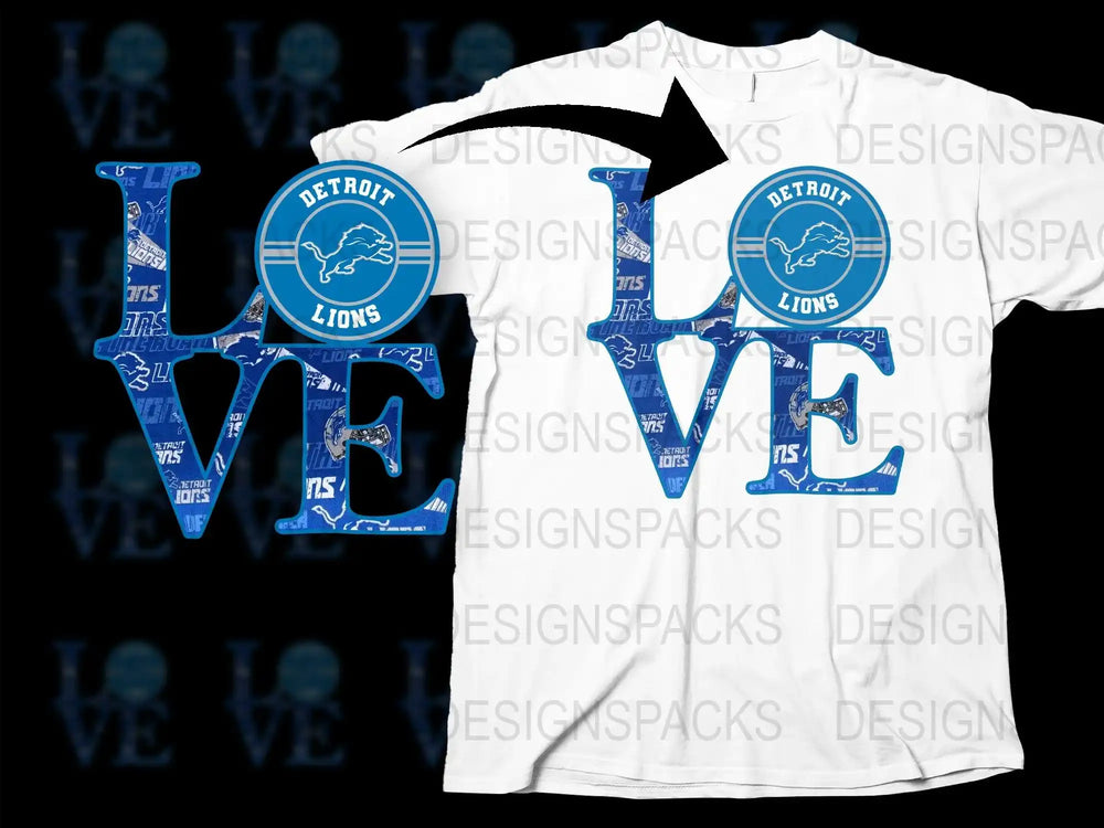 Detroit Lions Love Graphic T-Shirt, NFL Fan Apparel, White Blue Sports Tee, Football Team Support Shirt