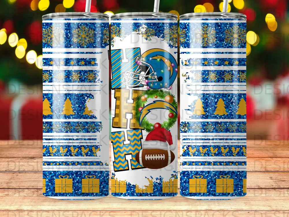 Blue and gold holiday tumbler with football helmet and festive patterns.