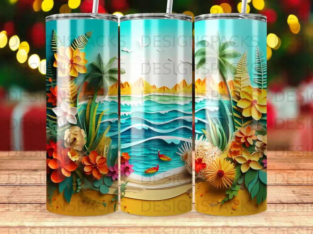 Beach scene with tropical flowers, palm trees, ocean waves, and two fish.