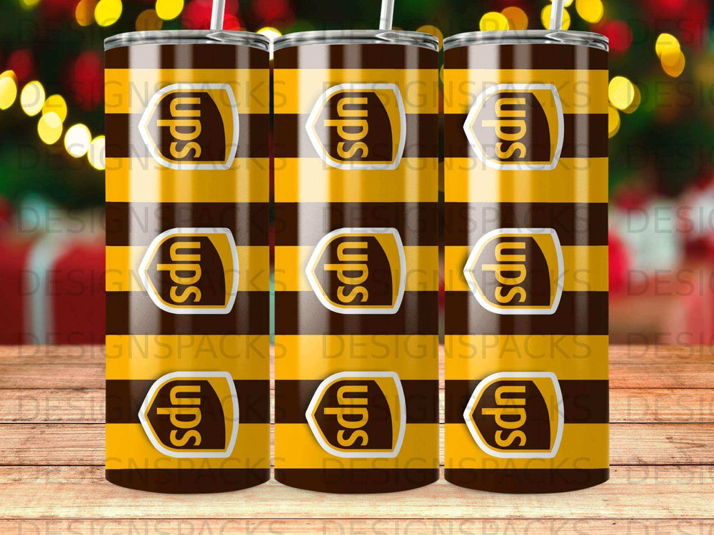Brown tumbler with repeating yellow UPS logo pattern.
