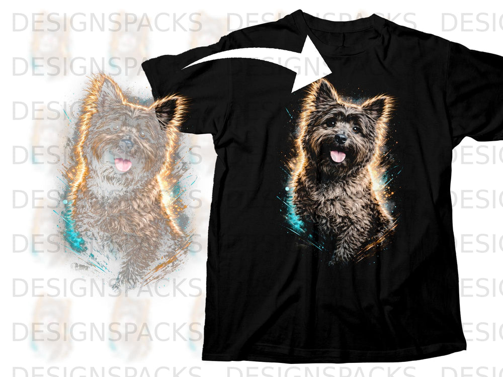 Black t-shirt with a graphic print of a Cairn Terrier dog with a colorful, splashy design.