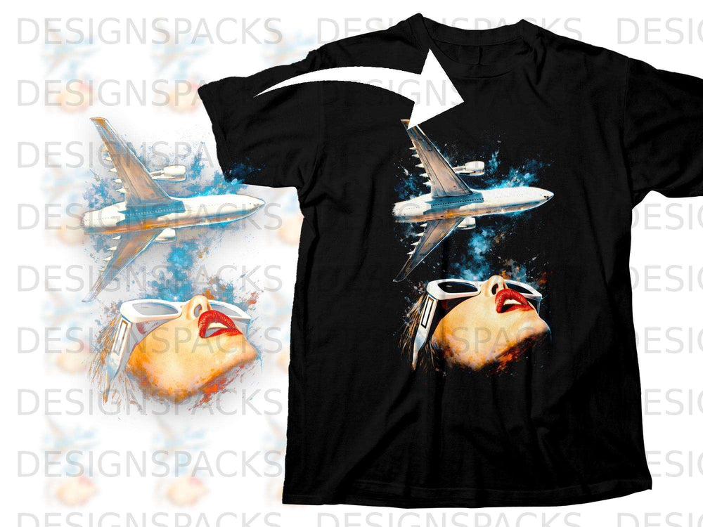Black t-shirt with graphic of airplane and woman wearing sunglasses and red lipstick.