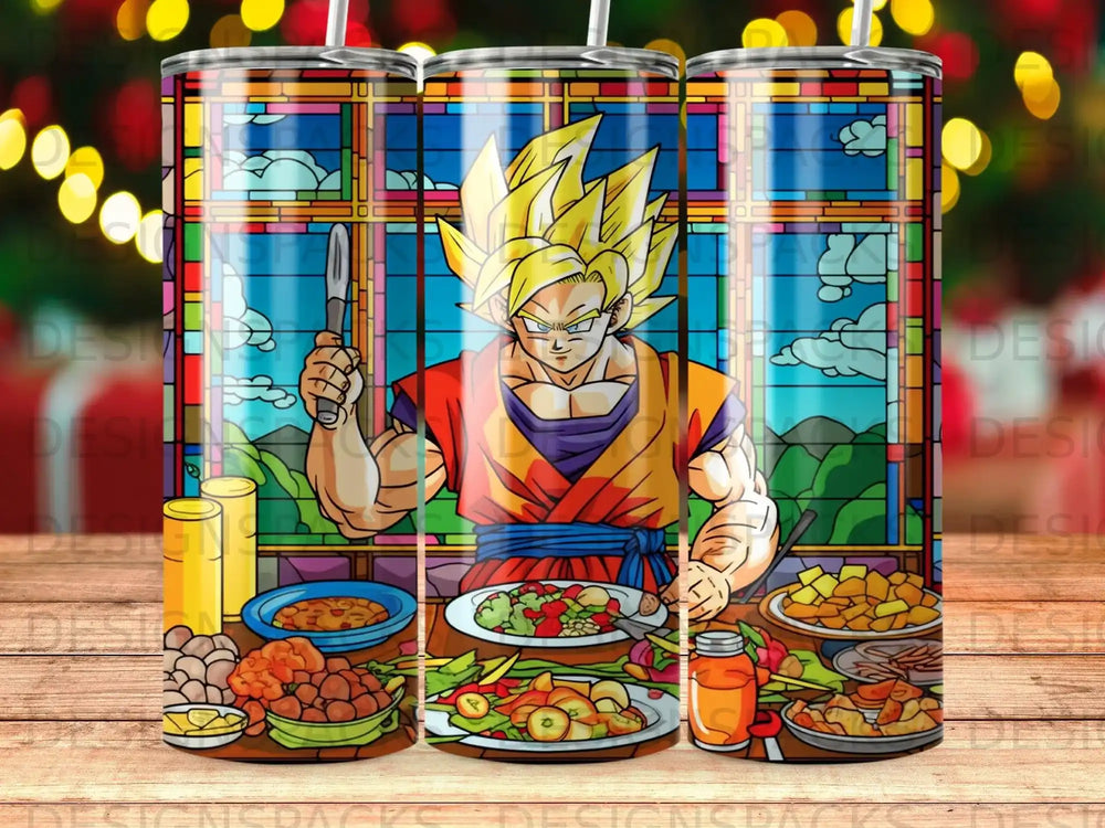 Goku eating a meal with a knife and fork in front of a stained glass window.