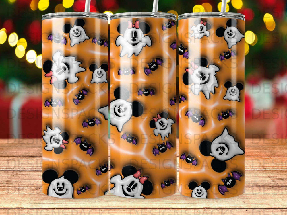 Three Disney Halloween-themed tumblers with Mickey and Minnie ghosts and bats on orange background.