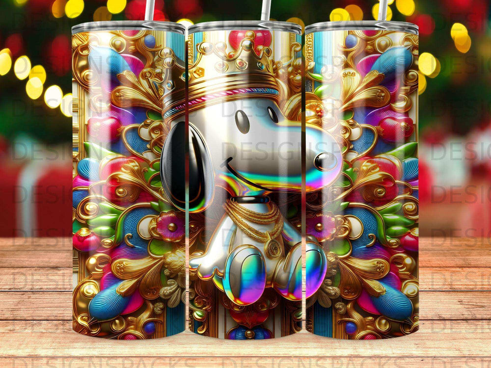 Snoopy in ornate crown and jewelry, surrounded by colorful floral and metallic designs.