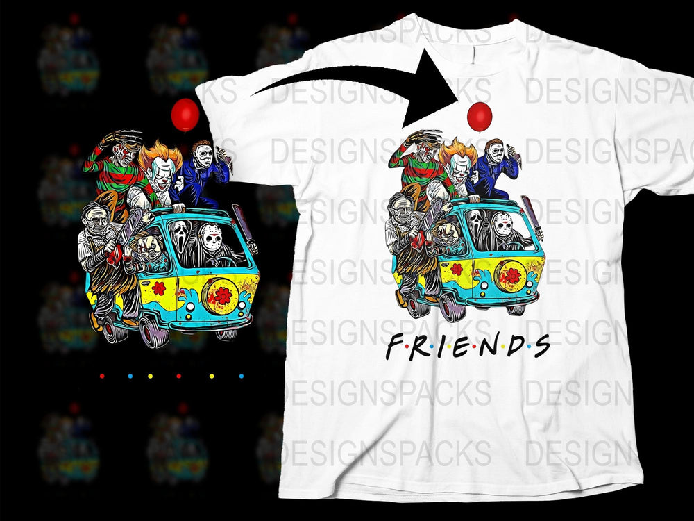 Colorful Clown Friends Horror Movie Themed Graphic T-Shirt, Unisex White Tee