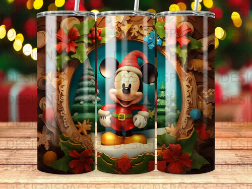 Mickey Mouse in Santa hat framed by festive holiday decorations.