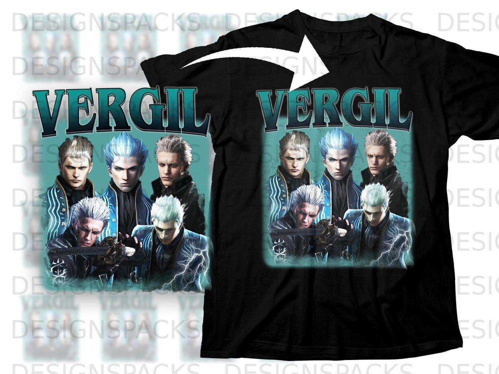Black t-shirt with "Vergil" in large text and character art.