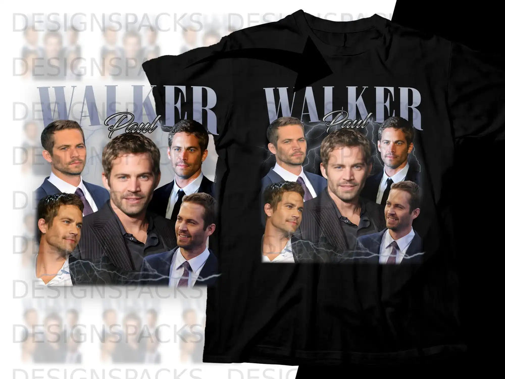 Collage of Paul Walker portraits on a black t-shirt.