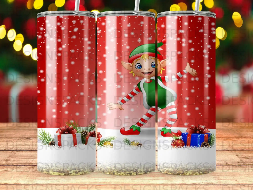 Elf wearing striped shirt and pants, surrounded by snow and gifts.