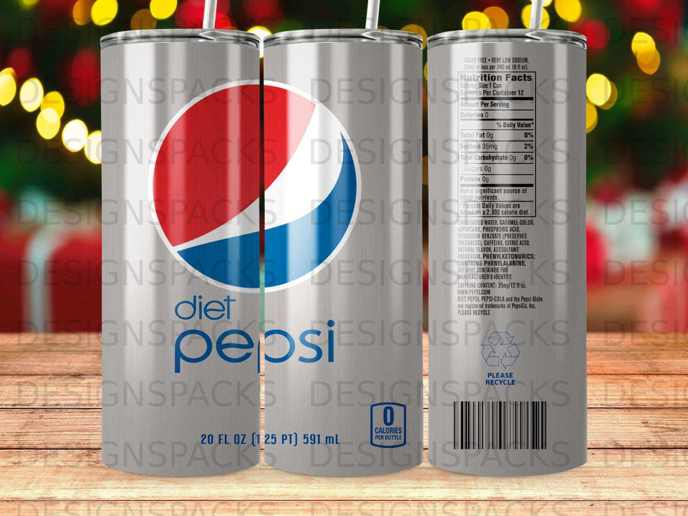 Diet Pepsi can with nutrition facts, ingredients, and zero calorie information.