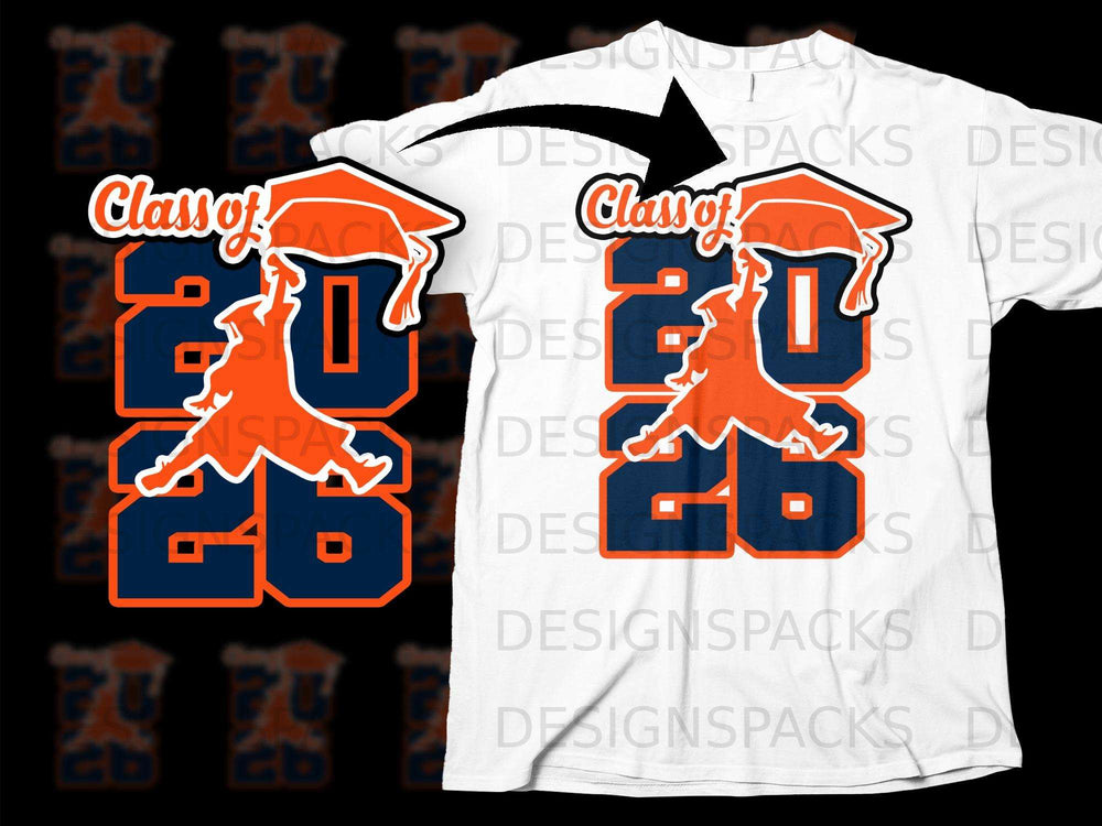 White t-shirt featuring "Class of 2026" with graduation cap and figure.