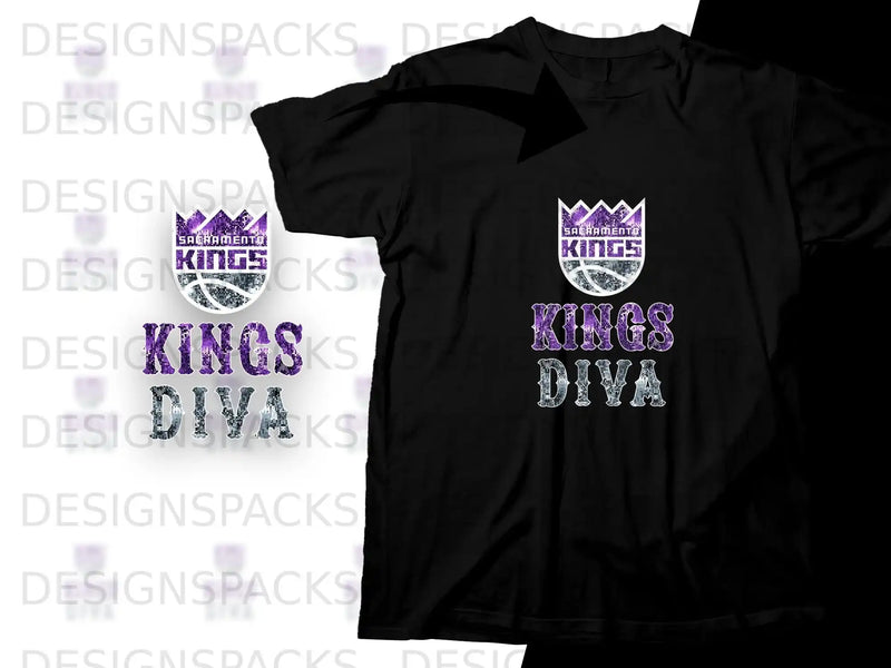 Black t-shirt with Sacramento Kings "DIVA" logo in purple glitter.