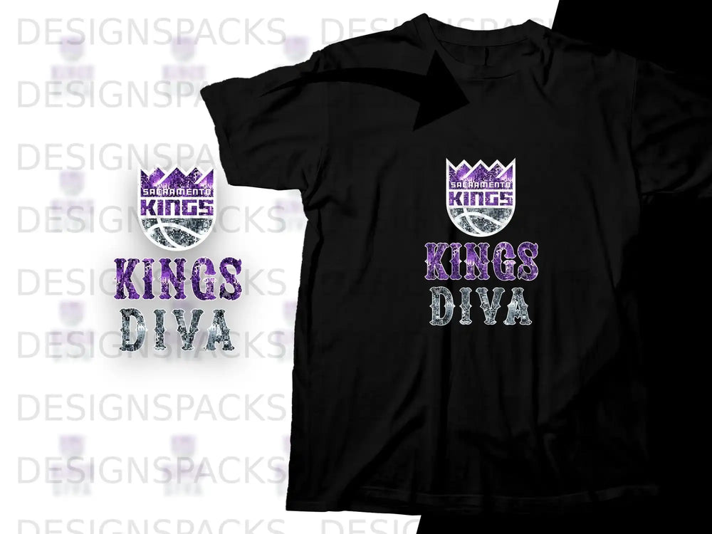 Black t-shirt with Sacramento Kings "DIVA" logo in purple glitter.
