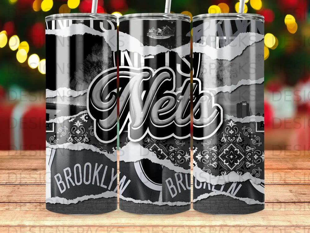 Brooklyn Nets logo on ripped paper texture tumbler.