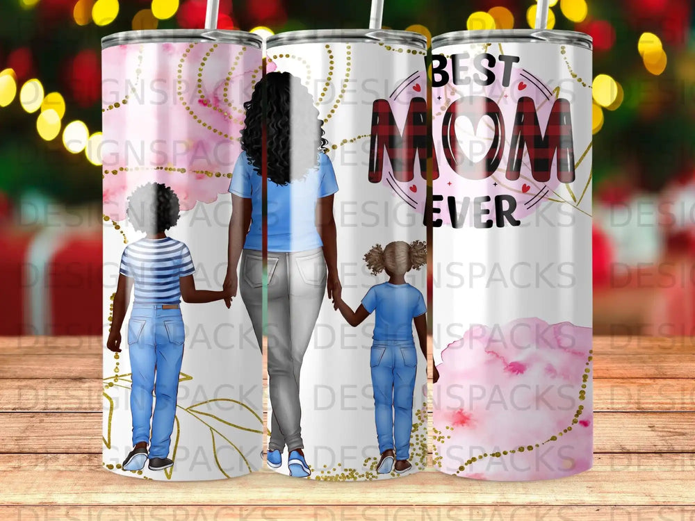 Best Mom sublimation tumbler design with parent and child figures.