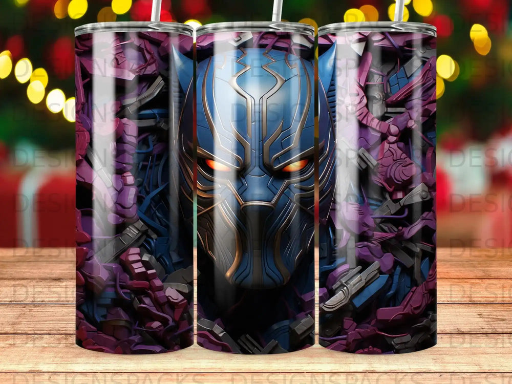 Black Panther mask with glowing orange eyes, set against a backdrop of purple and blue abstract designs.