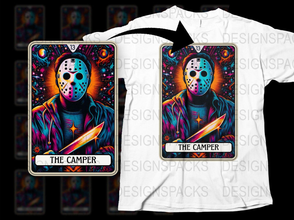 Colorful Jason Mask The Camper Graphic T-Shirt and Phone Case Set, Horror Movie Inspired Merchandise