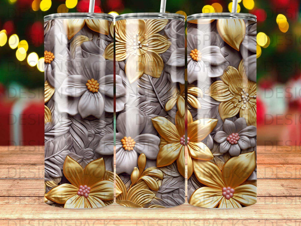Gold and silver textured floral design on a tumbler.