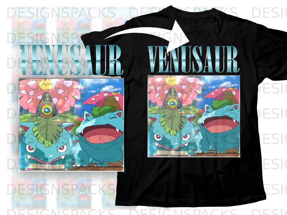Black t-shirt with "VENUSAUR" text and two images of the Pokemon Venusaur.