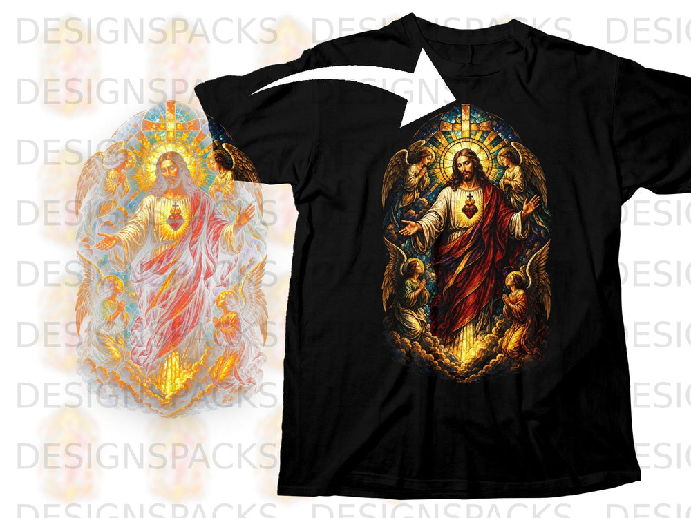 Jesus with Sacred Heart and angels design on black t-shirt.