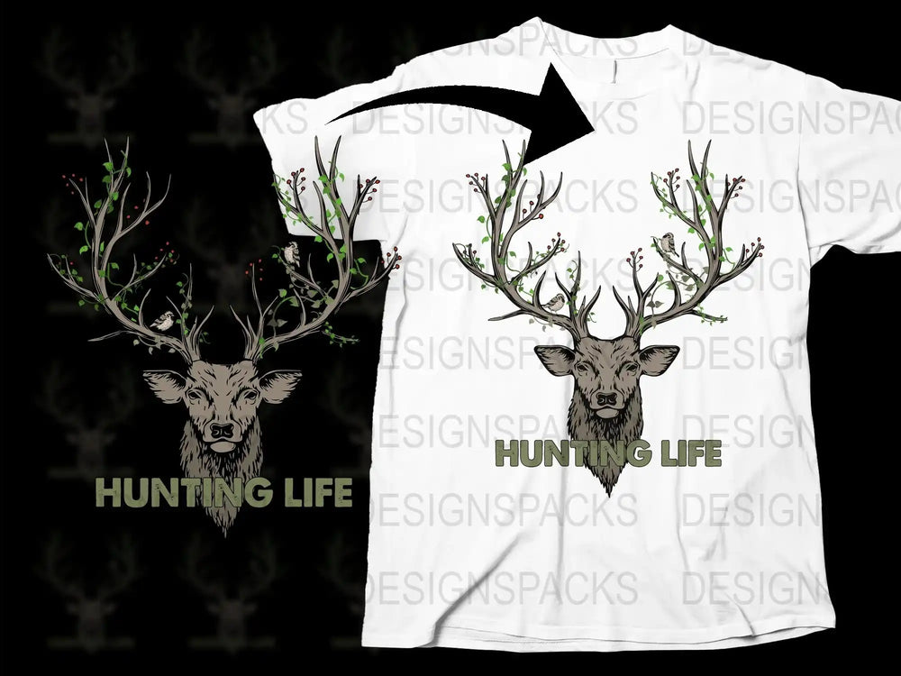 Hunting Life Deer Graphic T-Shirt with Antler Design, Nature Inspired Men's Tee, Casual Outdoor Apparel, White Cotton Shirt