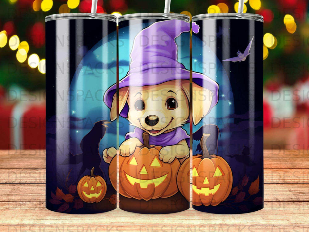 Cute dog in witch hat with pumpkins on a moonlit night.